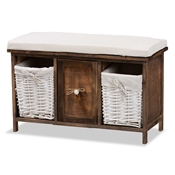 Baxton Studio Dalius Mid-Century Modern Transitional White fabric Upholstered and Walnut Brown Finished Wood 1-Drawer Storage Bench With Baskets Baxton Studio restaurant furniture, hotel furniture, commercial furniture, wholesale dining room furniture, wholesale dining ben ch, classic dining bench